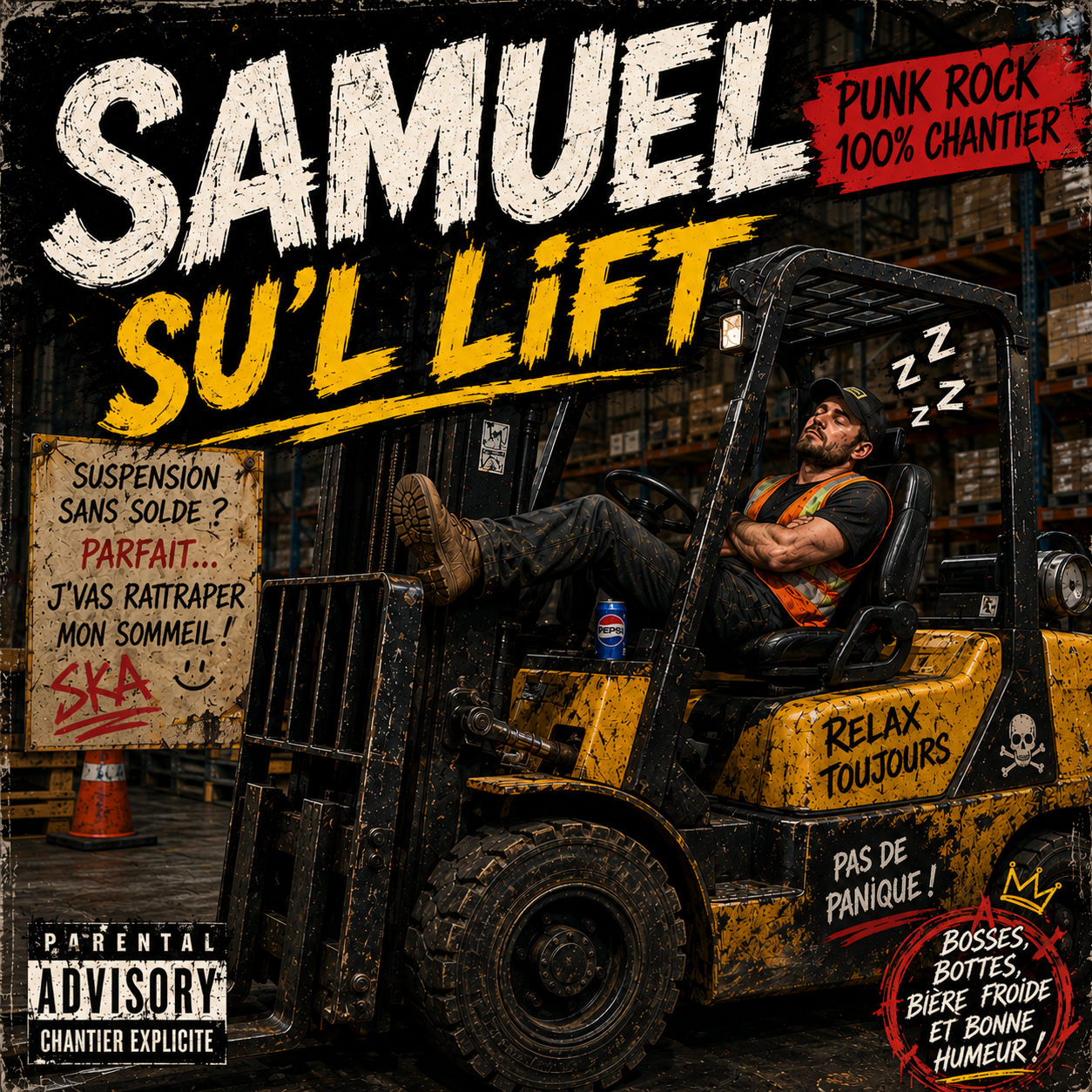 Pochette samuel on the forklift